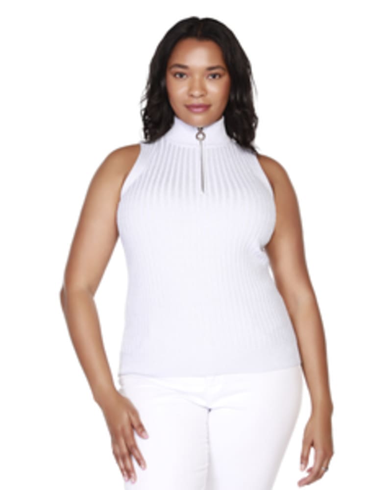 Front of a model wearing a size 1X June Mock-Neck Zip Sweater in Light Silver/Silver by Belldini Black Label. | dia_product_style_image_id:246129